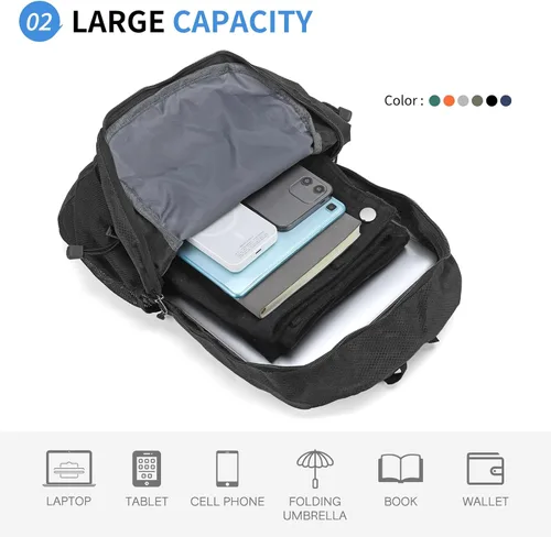 Miniatura 3 de Mochila de senderismo plegable, mochila de camping resistente al agua, ligera de poliéster para hombres, mujeres, viajes al aire libre Negro