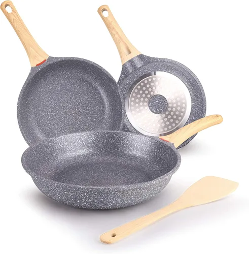Sartén antiadherente de inducción, sartén ligera, saludable y no tóxica, sartén para huevos compatible con todas las estufas (gris, juego de 4