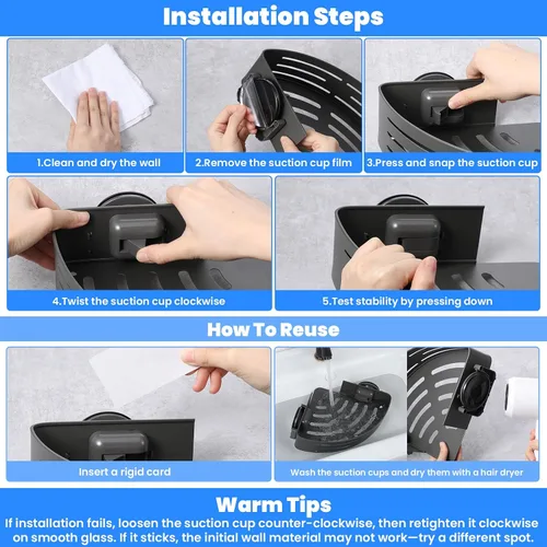 Miniatura 5 de Ventosa de esquina para ducha, aleación de aluminio inoxidable con 4 ganchos, no requiere perforación, estante de almacenamiento extraíble e