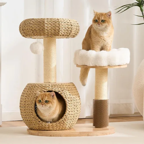Moderna torre de árbol para gatos de interior, madera maciza de 30 pulgadas y ratán para gatos con postes rascadores y auto arreglado, cama de felpa
