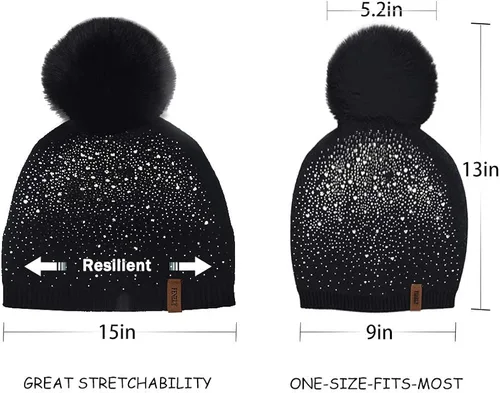 Miniatura 4 de Gorro de invierno para mujer con pompón de piel sintética cálido suave con diamantes de imitación para mujer