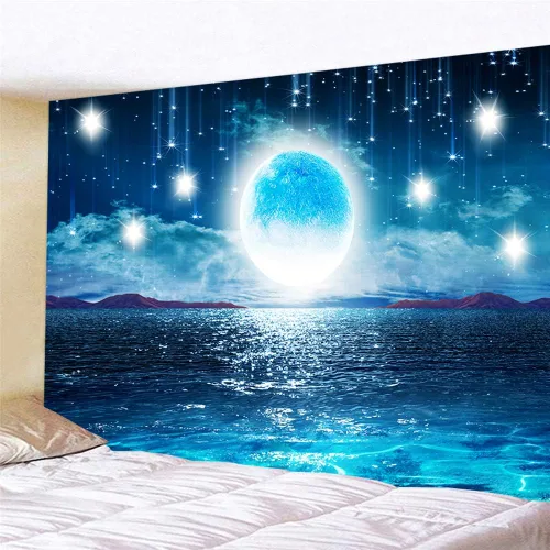Miniatura 4 de Tapiz grande para colgar en la pared, diseño de cielo estrellado, océano, luna y estrellas, para el hogar, galaxia cósmica 3D, decoración