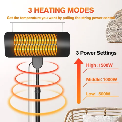 Miniatura 3 de Calentadores al aire libre para patio, 1500 W, 3 modos de calor y temporizador de 12H, calentador eléctrico impermeable IP54 con altura ajustable