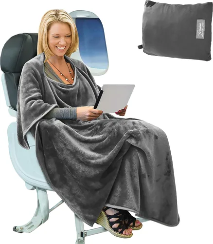 Miniatura 11 de Tirrinia Manta de viaje para avión, oficina, Poncho 4 en 1, manta portátil de forro polar acogedora de primera calidad con bolsa incorporada