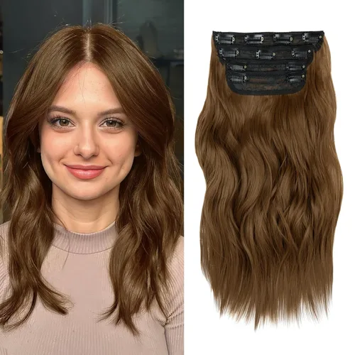 Miniatura 19 de NAYOO 4 piezas Extensiones de cabello con pinza, ondas largas y rizadas, sintéticas, gruesas, con fibra de doble trama, para mujeres, color cobre