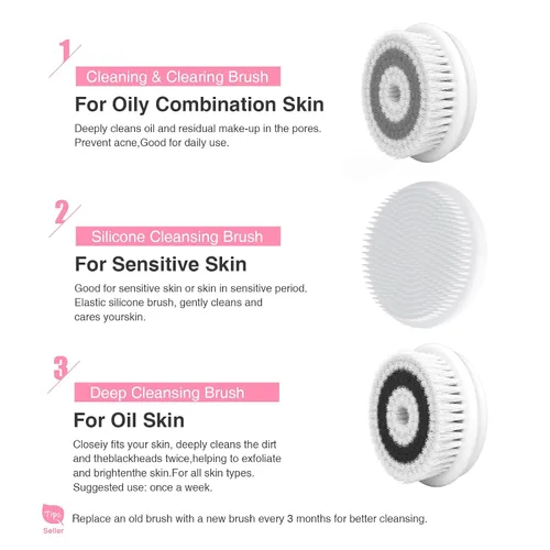 Miniatura 5 de TOUCHBeauty Cepillo giratorio limpiador facial con 3 cabezales de cepillo para exfoliación profunda, limpieza y masaje Rosa