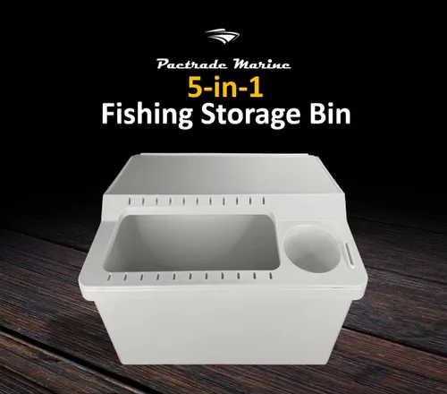 Pactrade Marine Contenedor de almacenamiento blanco para kayak, con 22 cebos de pesca y señuelos, ranuras para aparejos montados en Gunwale, mesa de