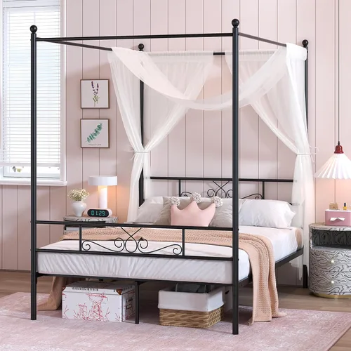Weehom Marco de cama con dosel, tamaño matrimonial, marco de cama con cabecera y estribo, base de colchón de 4 pósters, no necesita somier, color