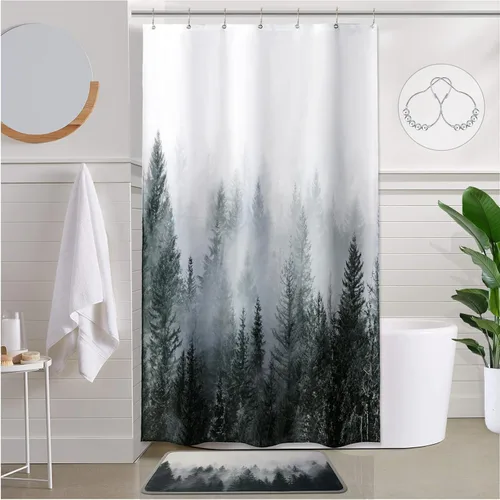 Miniatura 25 de ORTIGIA 36x72 Cortina de ducha de bosque nebuloso para baño pequeño, cortina de ducha estrecha de naturaleza y bosque en blanco y negro con ganchos