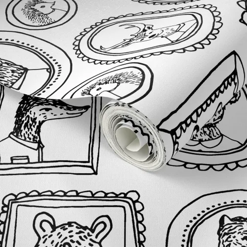 Miniatura 2 de Spoonflower Papel tapiz para despegar y pegar, marco de retrato de animales caprichoso, bosque, negro, blanco, cuarto de niños, papel tapiz