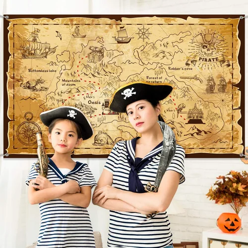 Miniatura 4 de Blulu Decoraciones de fiesta pirata, mapa del tesoro de Halloween, tema pirata, telón de fondo, joyería, mapa, pancarta, fotografía para Halloween