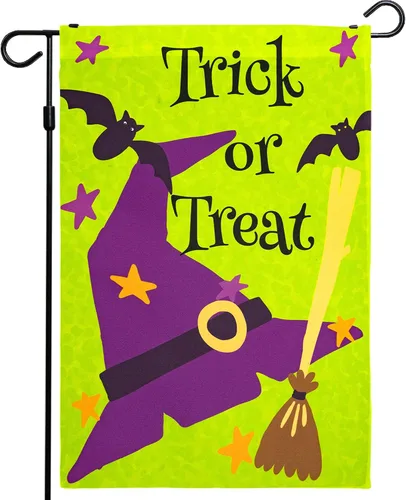 Miniatura 14 de G128 - Bandera de jardín de Halloween, cita de truco o trato con bonito búho, decoraciones de jardín y patio, bandera rústica de temporada para 12 x
