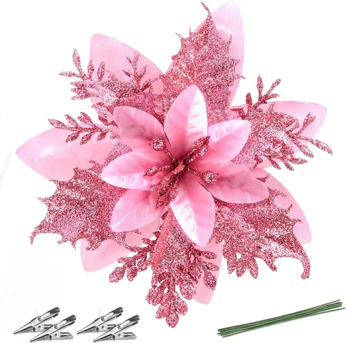Miniatura 15 de FurRain Flores Artificiales de Navidad de Poinsettia 5.5" Guirnalda de Árbol de Navidad 12 Piezas Flores con Brillantina Adornos para Navidad Nueva