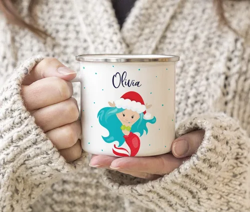 Miniatura 3 de Andaz Press Taza de café de acero inoxidable con nombre personalizado de 11 onzas para niños, diseño de sirena festiva, 1 paquete, taza de Navidad