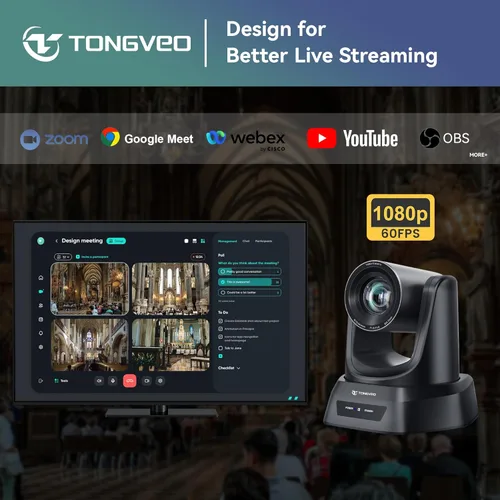Miniatura 5 de TONGVEO - Sistema de cámara PTZ para sala de conferencias con zoom óptico 20X Webcam 1080P 60fps HDMI USB para transmisión en línea de Negro