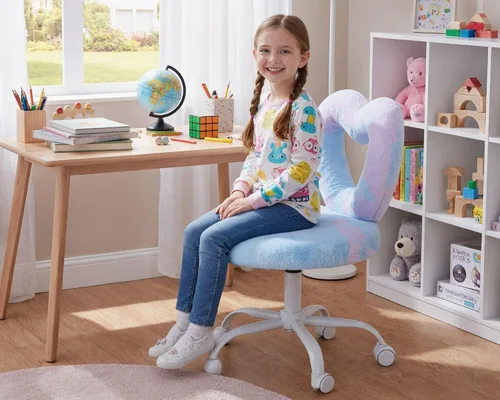 Miniatura 9 de HNY Silla de escritorio para niños con ruedas, bonita silla de tocador peluda con respaldo hueco en forma de corazón ajustable con ruedas