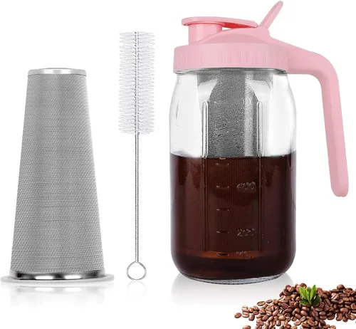 Miniatura 13 de Máquina de café de infusión fría, jarra de albañil de 64 onzas con filtro de acero inoxidable, tapa con pico para servir, de vidrio resistente