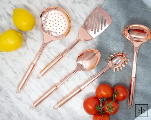 Miniatura 3 de Juego de utensilios de cocina de cobre – 5 piezas de acero inoxidable de oro rosa para cocinar y servir, incluye cucharón, cuchara, tenedor