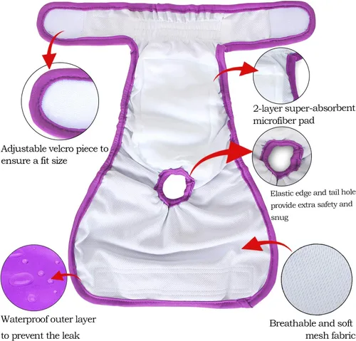Miniatura 4 de Teamoy 4 piezas de pañales lavables para perras, fundas para pañales reutilizables para perras, superabsorbentes y cómodas, L2 Negro+ Púrpura+Verde+