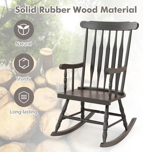 Miniatura 7 de Tangkula Mecedora para patio de madera de goma maciza, silla mecedora de porche al aire libre con marco de madera de goma, mecedora de madera