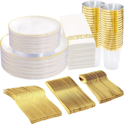 Miniatura 10 de Supernal 150 platos de plástico blanco y dorado, cubiertos de plástico dorado, juego de vajilla blanca incluye 60 platos, 30 tenedores, 30 Juego