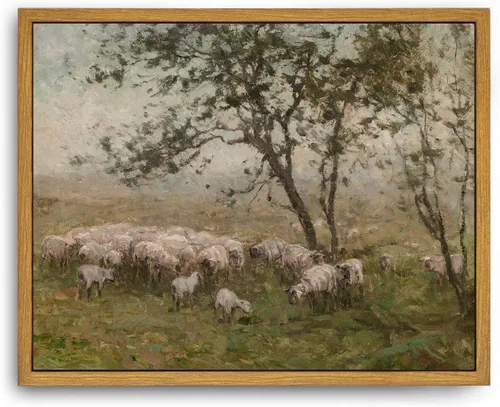 Roslynity Lienzo enmarcado para pared, impresión vintage, pintura al óleo, granja de ovejas, prado, pasto, paisaje, animales de campo, arte estético