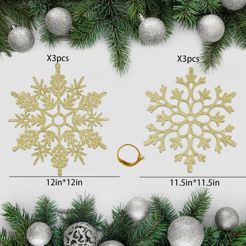 Miniatura 3 de 6 piezas de adornos grandes de copos de nieve dorados de 12 pulgadas, copos de nieve grandes de plástico con purpurina para invierno, interiores