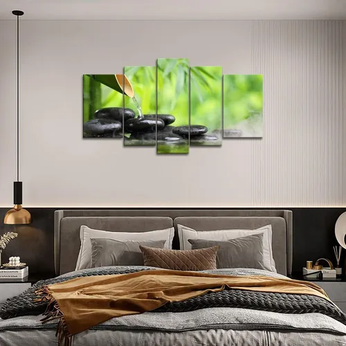 Miniatura 4 de Arte de pared Zen de 5 paneles verde spa bodegón con pintura de bambú la imagen impresión en lienzo imágenes botánicas para decoración del hogar
