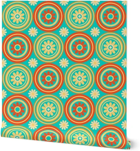 Muestras de papel tapiz para despegar y pegar, círculos de azulejos florales retro de mediados de siglo, moderno, turquesa, naranja, amarillo,