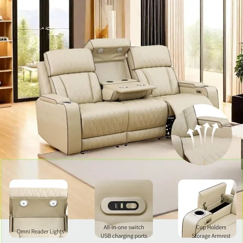 Miniatura 2 de Juego de sillones reclinables eléctricos con luces LED, juego reclinable de cuero acolchado con aire con puerto USB/almacenamiento/portavasos/luz