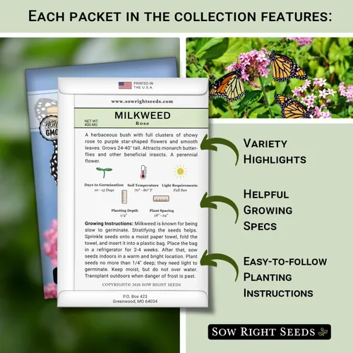 Miniatura 2 de Sow Right Seeds - Colección de semillas de algodoncillo - Incluye variedades comunes, rosas, vistosas, mariposas - Atrae monarca y otras mariposas a
