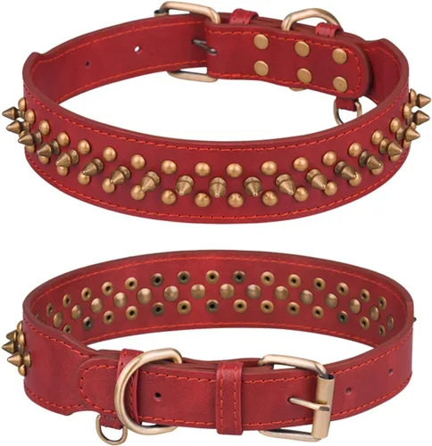Miniatura 9 de Serijoars Collar para perro con clavos, de piel sintética suave con remaches de hongos, collar ajustable para cachorros (L, Rojo)