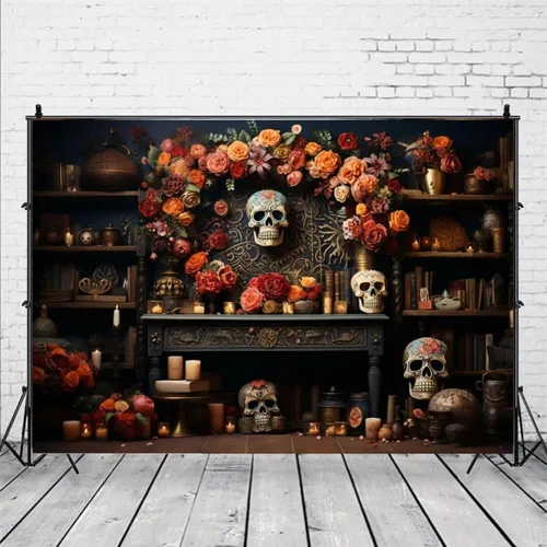 Miniatura 2 de Telón de fondo para fotografía, temática mexicana, fiesta de Halloween, carnaval, flores, esqueleto de azúcar, decoración de retratos para niños