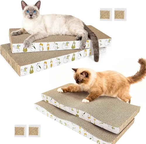 Miniatura 10 de PatiencET Paquete de 4 almohadillas para arañazos para gatos con caja, rascador de cartón para gatos de interior, rascador reversible con caja