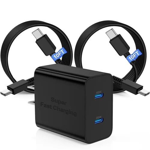 Miniatura 15 de Cargador súper rápido de 45 W de doble puerto con cable largo USB C a C de 10 pies, bloque de cargador de pared tipo C y cable de carga de teléfono