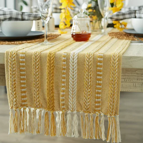 Miniatura 4 de DII Farmhouse - Camino de mesa trenzado a rayas, 15 x 72 (15 x 77, con flecos incluidos), oro miel Miel Gold