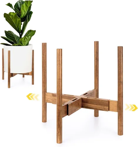 Fox & Fern Soporte Grande Ajustable para Plantas de Interior — 11 a 15 Pulgadas, Soporte Premium de Bambú Estilo Moderno de Mediados del Siglo;