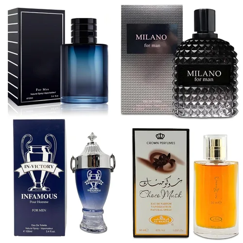 AFLUXE Juego de 4 Colonias para Hombre Incluye Choco Musk/SE/Victory Infamous/Milano Aroma de Madera, Picante, Cítrico y Aromático eau de parfum Set