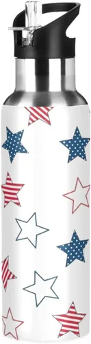Stars Us Flag White Insulated Water Bottle 20 Oz Leakproof Water Bottles, BPA-Free Sports Water Bottle with Straw