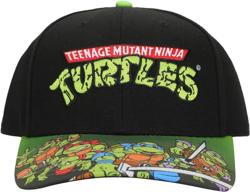 Miniatura 2 de TMNT Classic Retro Cartoon Characters & Logo Hombres Negro Precurve Snapback Sombrero, Negro
