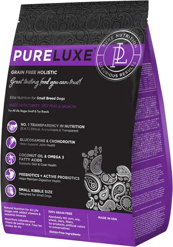PURELUXE Alimento para perros sin granos y gluten, pavo, guisantes partidos y salmón Elite Nutrition, para perros de raza pequeña en todas las