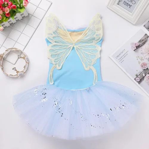 Miniatura 6 de IBAKOM Leotardos de ballet para niña, trajes de bailarina, vestido de baile de ballet con volantes de mariposa, falda de baile de lentejuelas