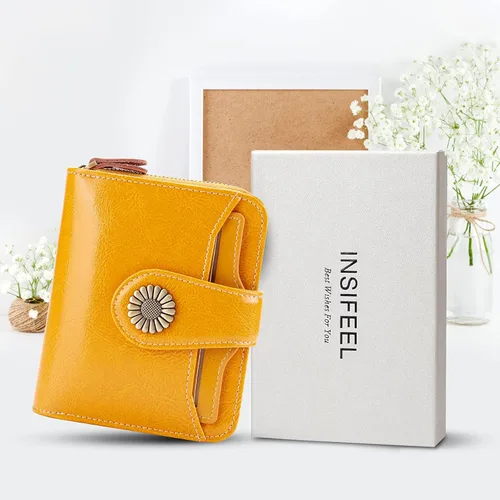 Miniatura 7 de INSIFEEL Billetera pequeña para mujer, bolso compacto de cuero con bloqueo RFID RFID para mujer, Amarillo, Retro