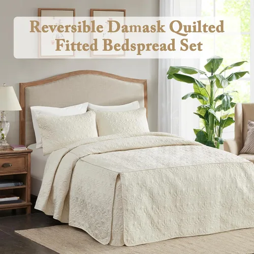 Miniatura 2 de Cubrecama ajustable Madison Park Quebec de diseño clásico tradicional para todas las estaciones, ligera, juego de ropa de cama, fundas a juego, Crema