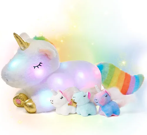 Miniatura 9 de Hopearl Conejo de peluche LED con luces, juguete de peluche con mamá y 3 bebés en su barriga, nana animada, calmante para mamá, niños pequeños