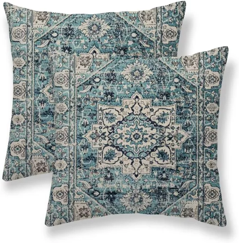 Miniatura 13 de Juego de 2 fundas de almohada bohemias de 16 x 16 pulgadas, color negro y marrón, fundas de almohada con patrón de alfombra étnica rústica, fundas