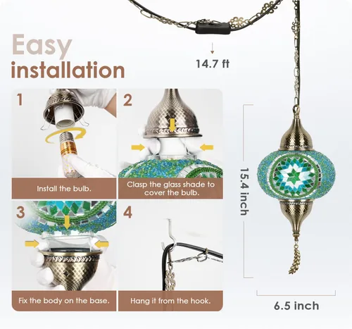 Miniatura 6 de Yarra-Decor Lámpara colgante turca marroquí con cable de 4.5 metros - Exquisita lámpara de techo de mosaico estilo Tiffany para dormitorio, sala