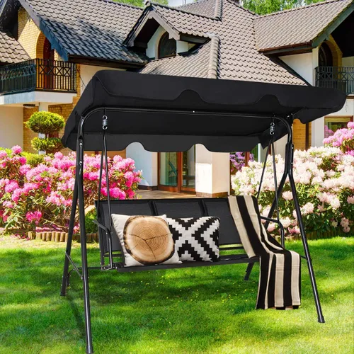 Miniatura 3 de TANGKULA Columpio de patio para 3 personas, marco de acero con toldo ajustable de ángulo de poliéster, banco de columpio resistente a todo