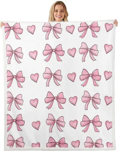 Manta de franela de forro polar con lazos rosados femeninos de 40 x 50 pulgadas, manta mullida de corazones para el día de San Valentín para sofá,