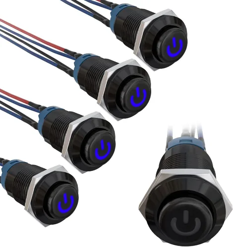 STARELO 5 unidades de interruptor de botón de cierre LED de 12 mm, mini redondo, carcasa negra con cableado previo, logotipo de marca de energía,